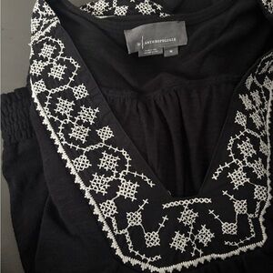 Anthropologie Black Top with White Embroidery